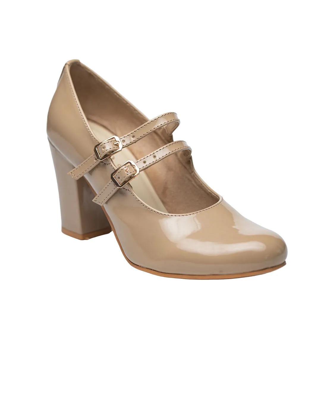 Chere Women's Block Heel Mary Jane Pumps Beige color