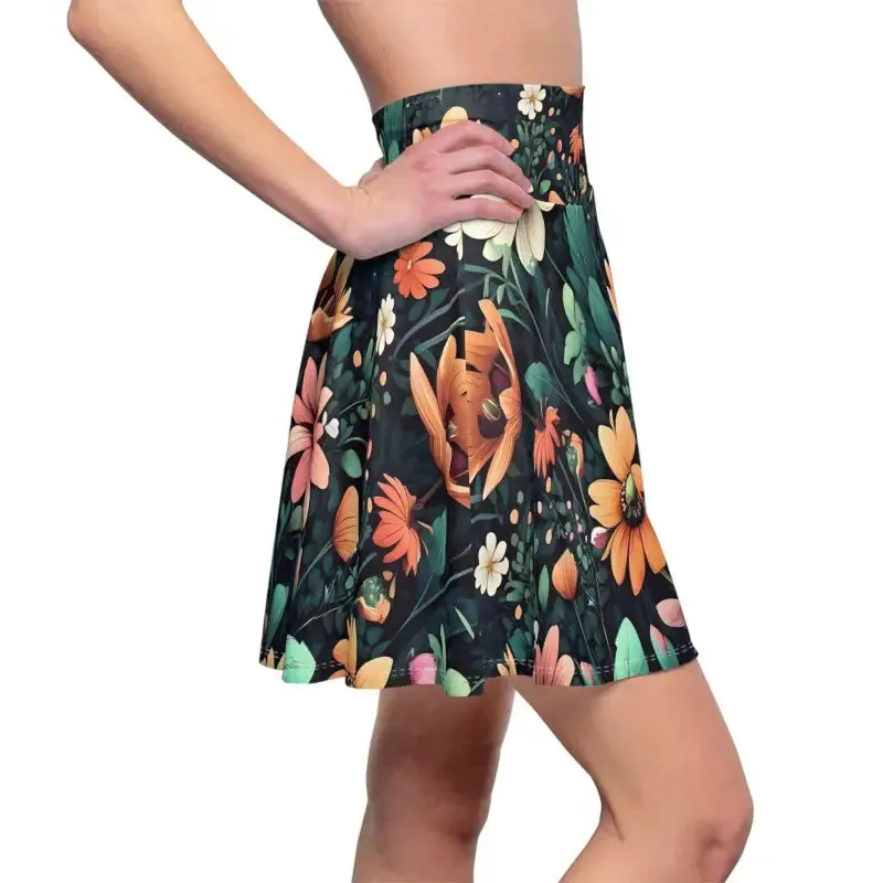 Chic Green Floral Skater Skirt with Showy Flowers