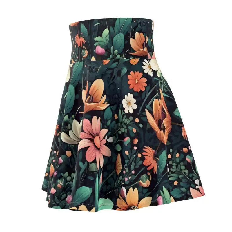 Chic Green Floral Skater Skirt with Showy Flowers