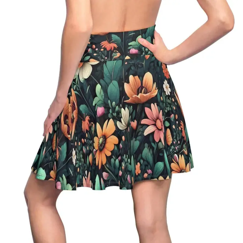 Chic Green Floral Skater Skirt with Showy Flowers