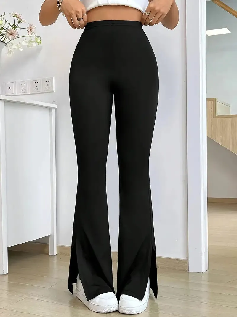 Chic High-Waisted Solid Slit Bell Bottom Pants