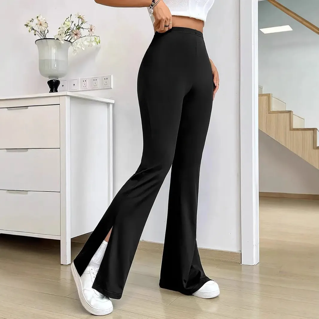 Chic High-Waisted Solid Slit Bell Bottom Pants