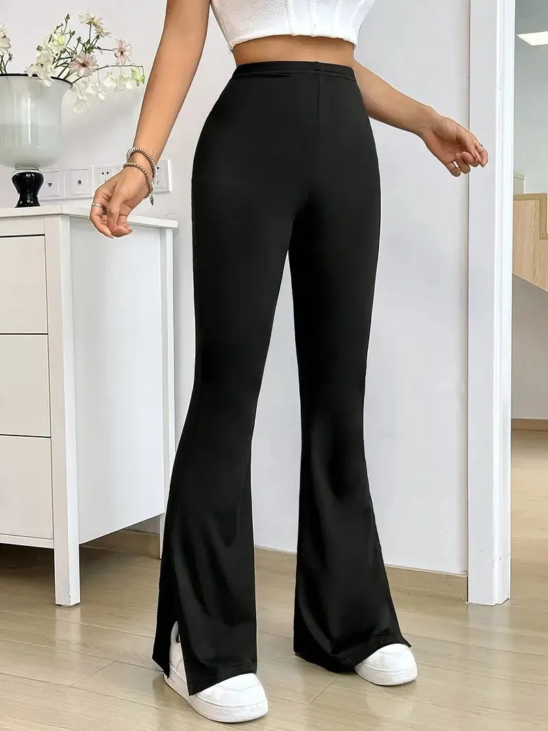 Chic High-Waisted Solid Slit Bell Bottom Pants