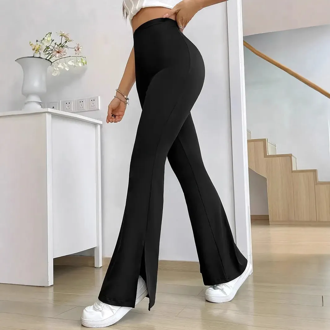 Chic High-Waisted Solid Slit Bell Bottom Pants