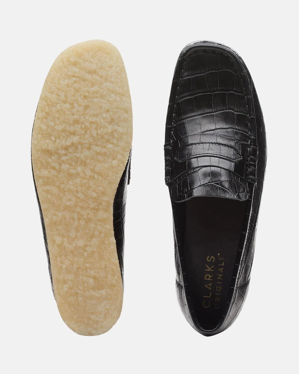 CLARKS ORIGINALS WOMENS WALLABEE LOAFER BLACK CROC