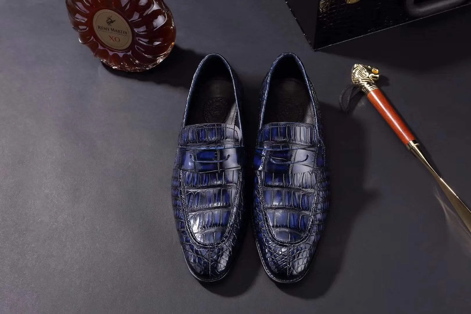 Crocodile Shoes Mens Crocodile Leather Penny Loafer Shoes Vintage Blue