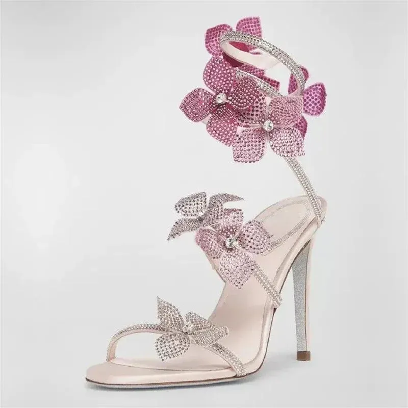 Crystal Flower Thin Heels Women Sandals with Narrow Ankle Strap