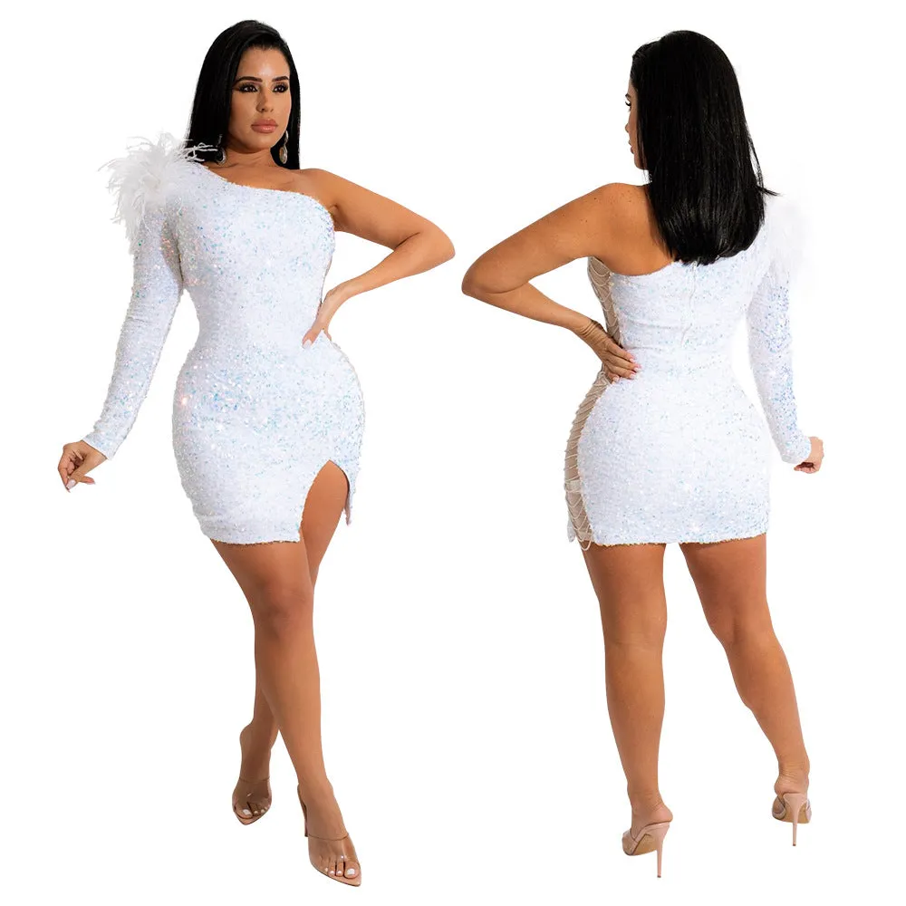 Dazzling One-Shoulder Sequin Bodycon Dress with Feather Accent