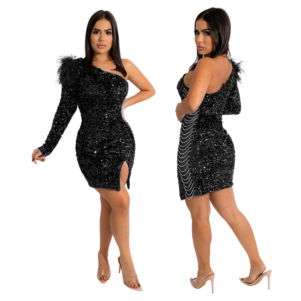Dazzling One-Shoulder Sequin Bodycon Dress with Feather Accent