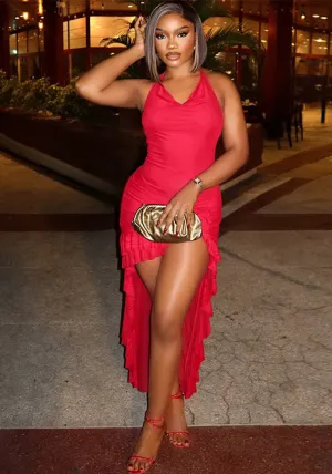 Dramatic Sleeveless V-Neck Fishtail Midi Dress