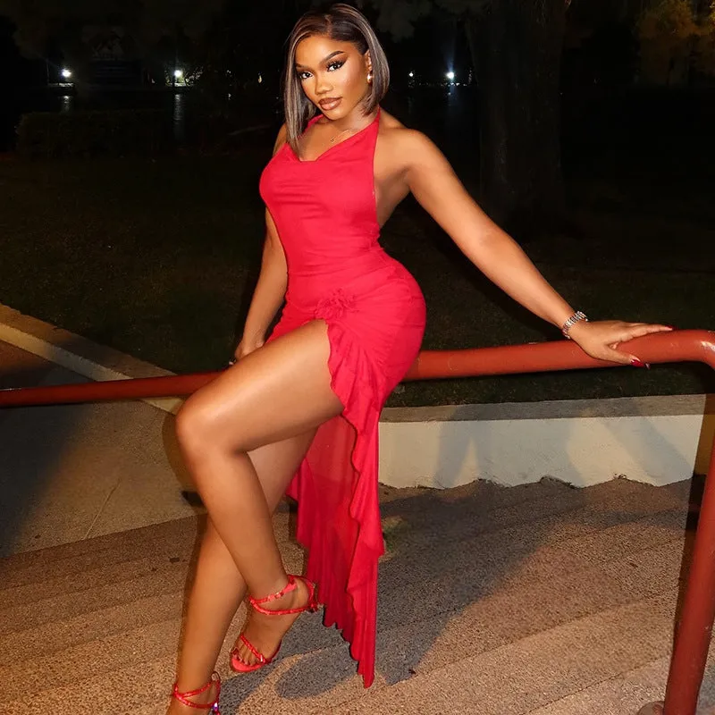 Dramatic Sleeveless V-Neck Fishtail Midi Dress