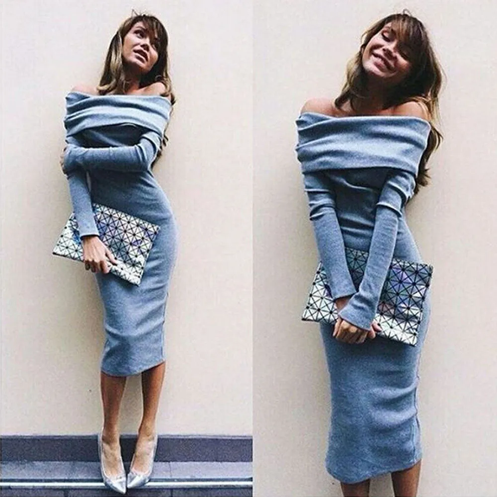 Dresses Women winter dress Long Sleeve Off Shoulder Winter Warm Clothes Stretch Bodycon Dress Blue