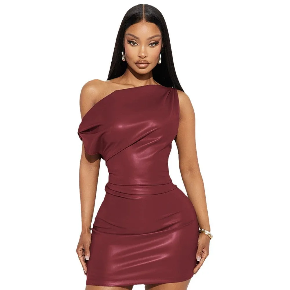 Edgy Slash Shoulder Faux Leather Mini Bodycon Dress