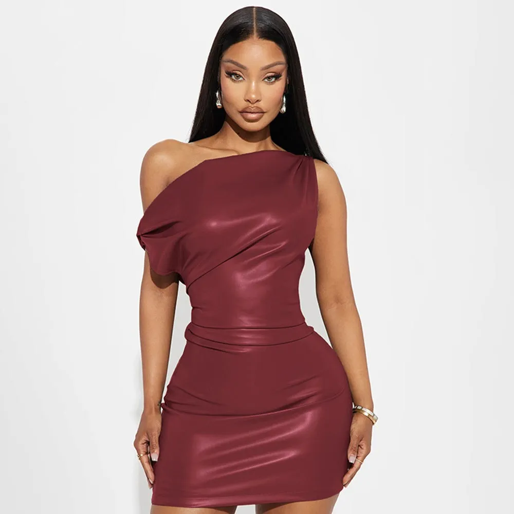 Edgy Slash Shoulder Faux Leather Mini Bodycon Dress