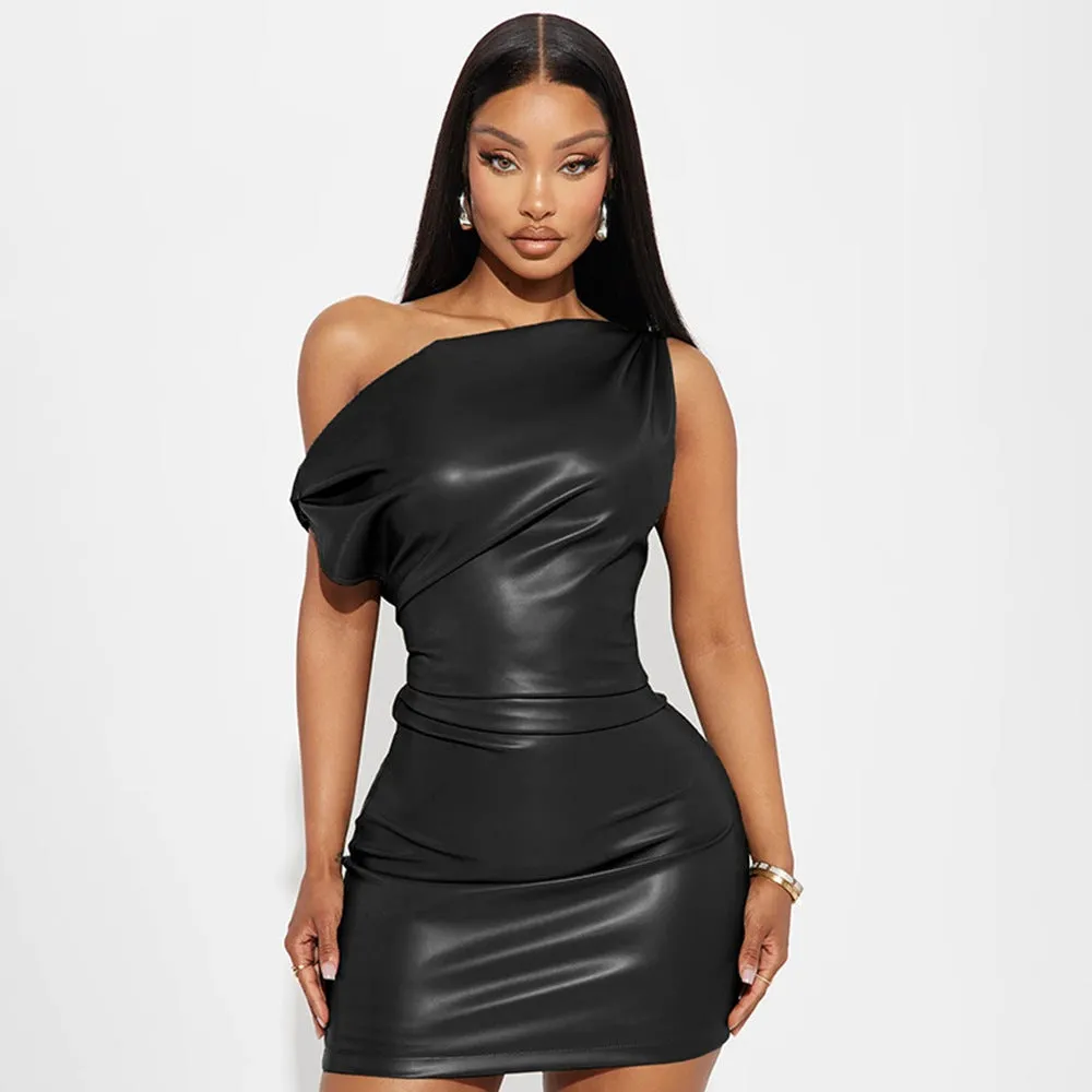 Edgy Slash Shoulder Faux Leather Mini Bodycon Dress