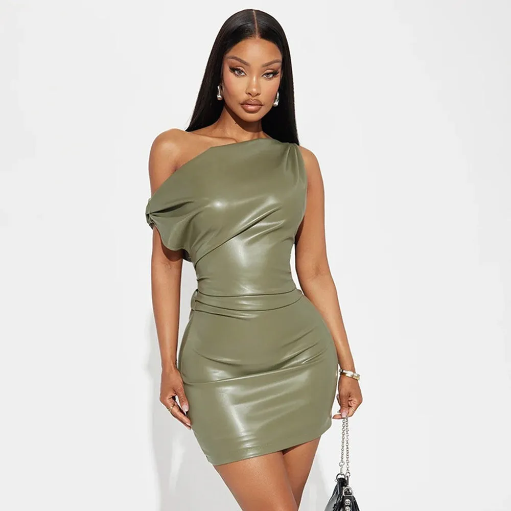 Edgy Slash Shoulder Faux Leather Mini Bodycon Dress