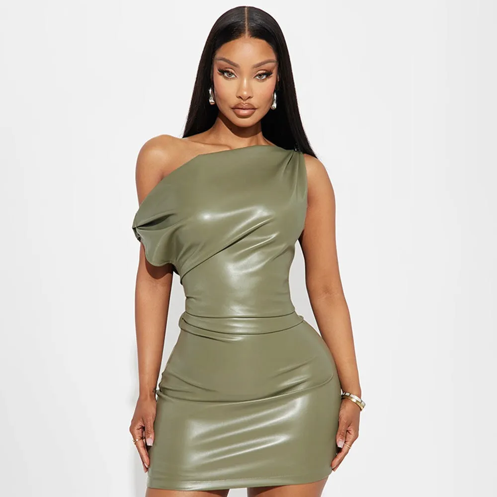 Edgy Slash Shoulder Faux Leather Mini Bodycon Dress