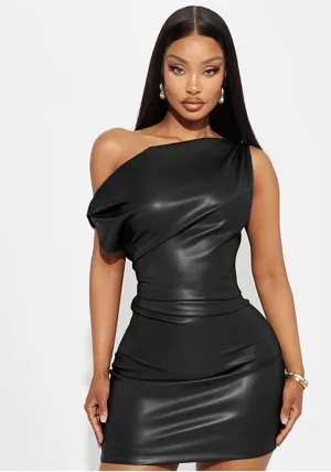 Edgy Slash Shoulder Faux Leather Mini Bodycon Dress