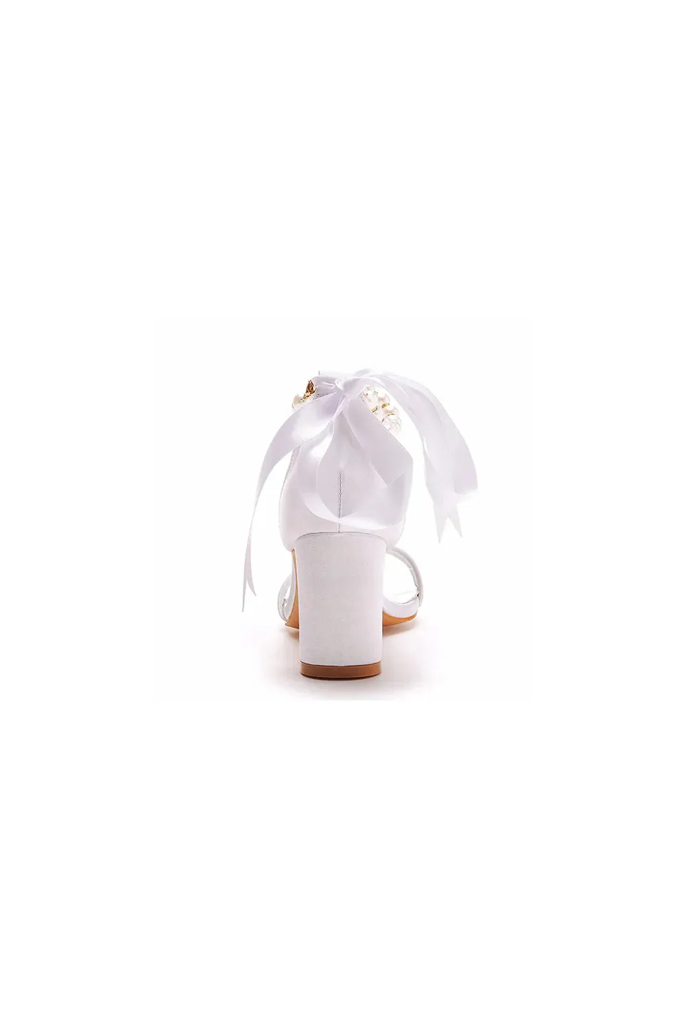 Elegant Pearl Ribbon Tie Satin Open Toe Ankle Strap Block High Heels