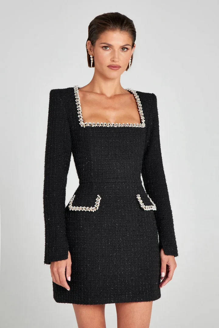 Elegant Tweed Square-Neck Dress with Pearl-Trimmed Details