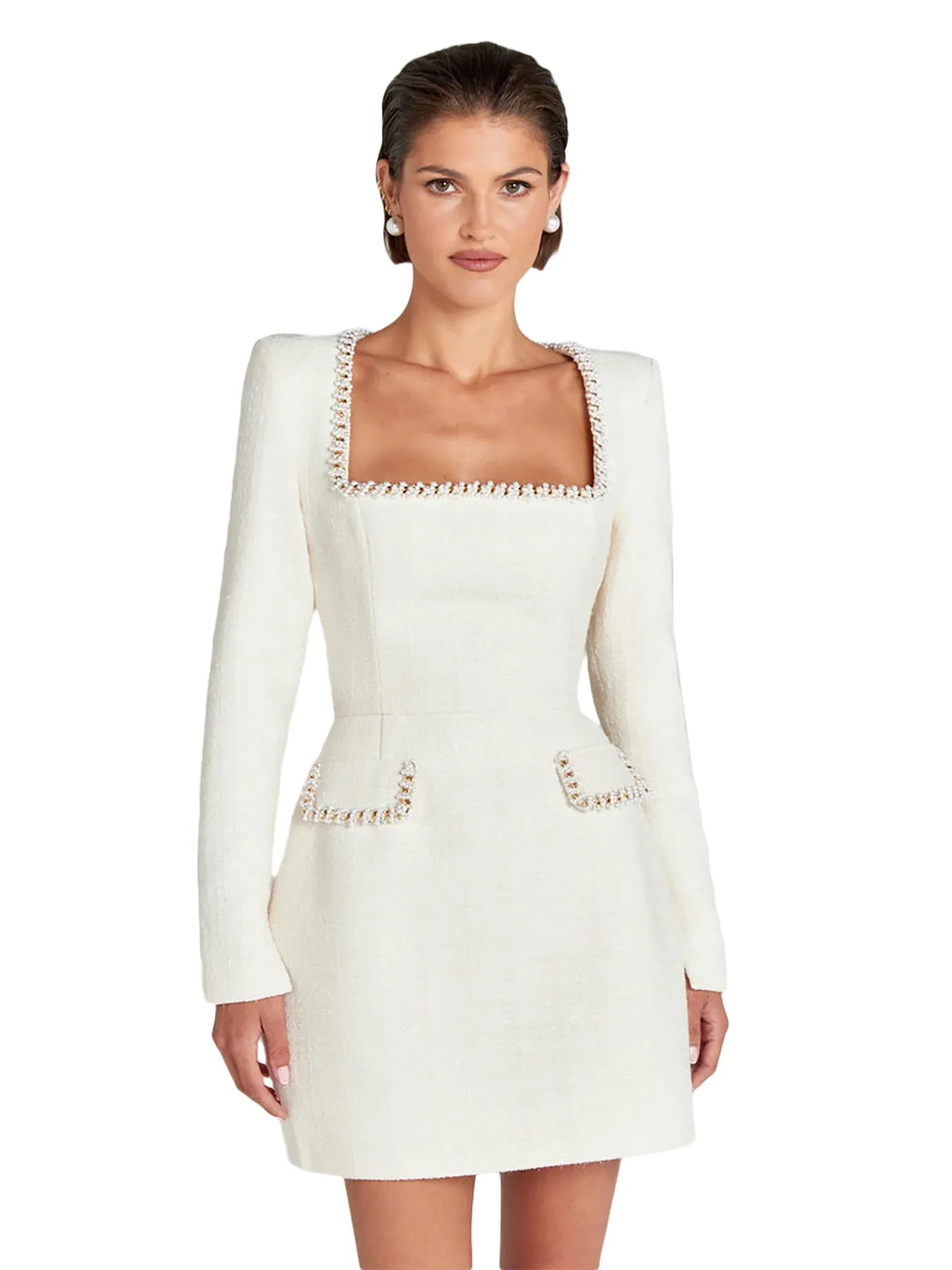 Elegant Tweed Square-Neck Dress with Pearl-Trimmed Details