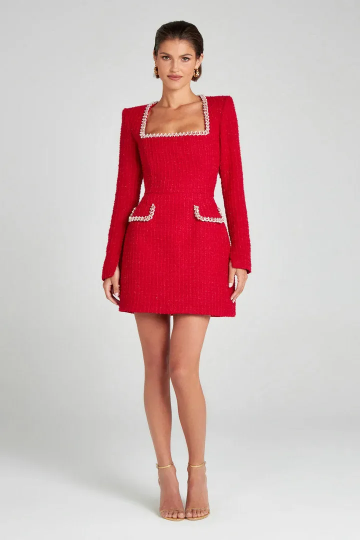 Elegant Tweed Square-Neck Dress with Pearl-Trimmed Details