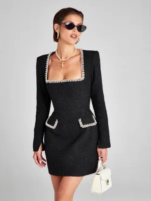 Elegant Tweed Square-Neck Dress with Pearl-Trimmed Details
