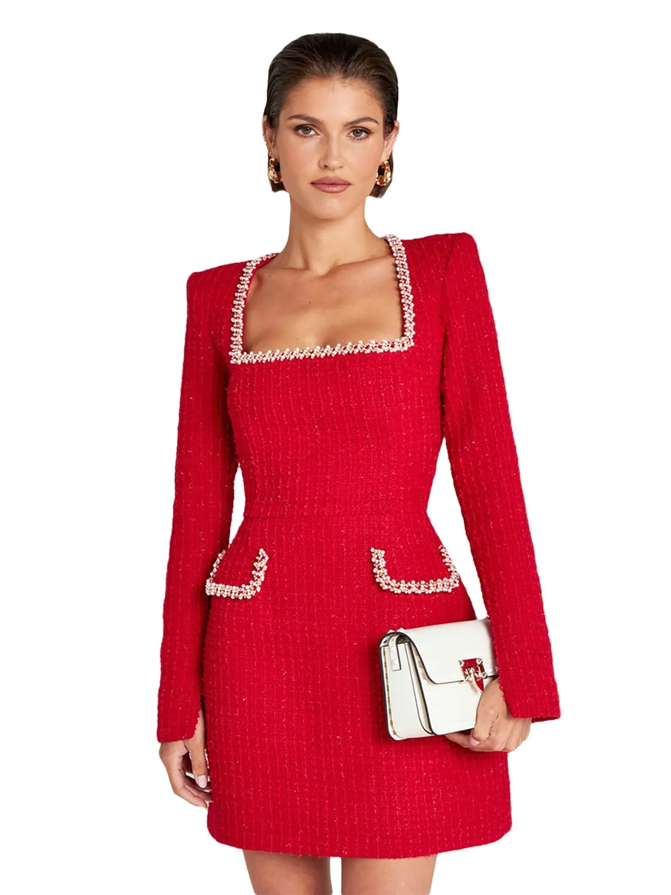 Elegant Tweed Square-Neck Dress with Pearl-Trimmed Details