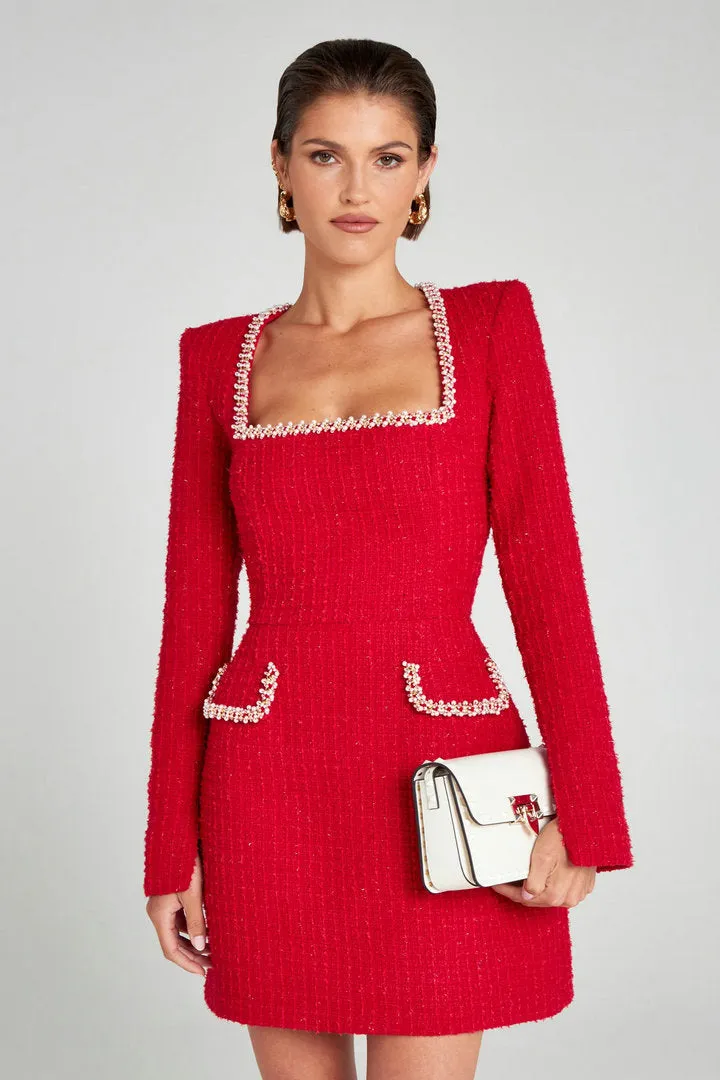 Elegant Tweed Square-Neck Dress with Pearl-Trimmed Details