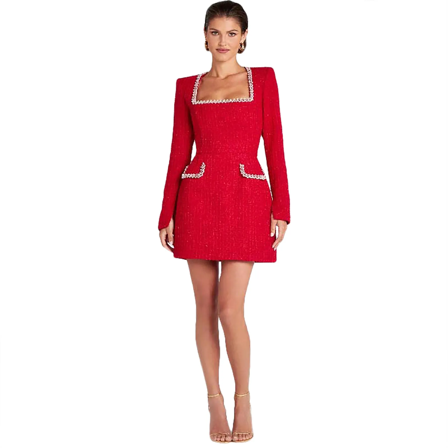 Elegant Tweed Square-Neck Dress with Pearl-Trimmed Details