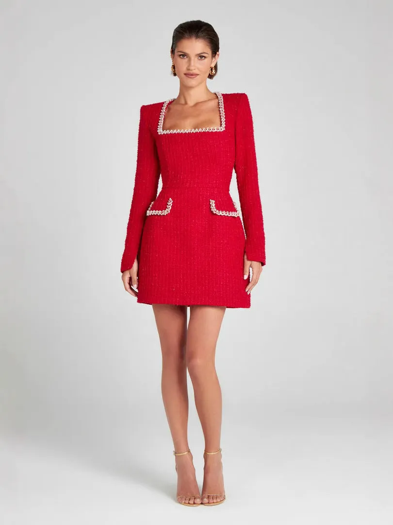 Elegant Tweed Square-Neck Dress with Pearl-Trimmed Details