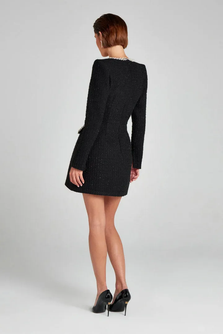 Elegant Tweed Square-Neck Dress with Pearl-Trimmed Details