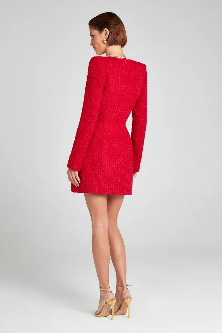 Elegant Tweed Square-Neck Dress with Pearl-Trimmed Details
