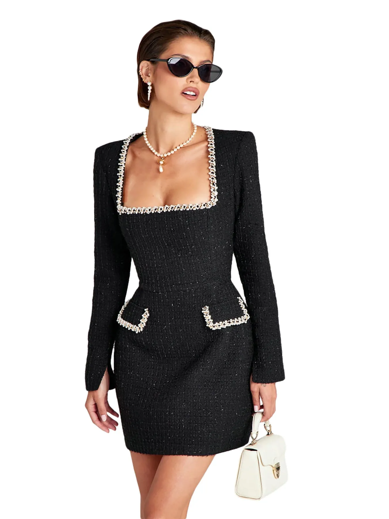 Elegant Tweed Square-Neck Dress with Pearl-Trimmed Details
