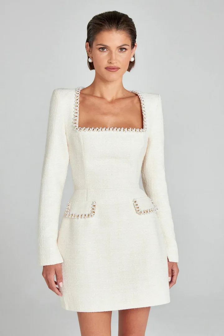 Elegant Tweed Square-Neck Dress with Pearl-Trimmed Details