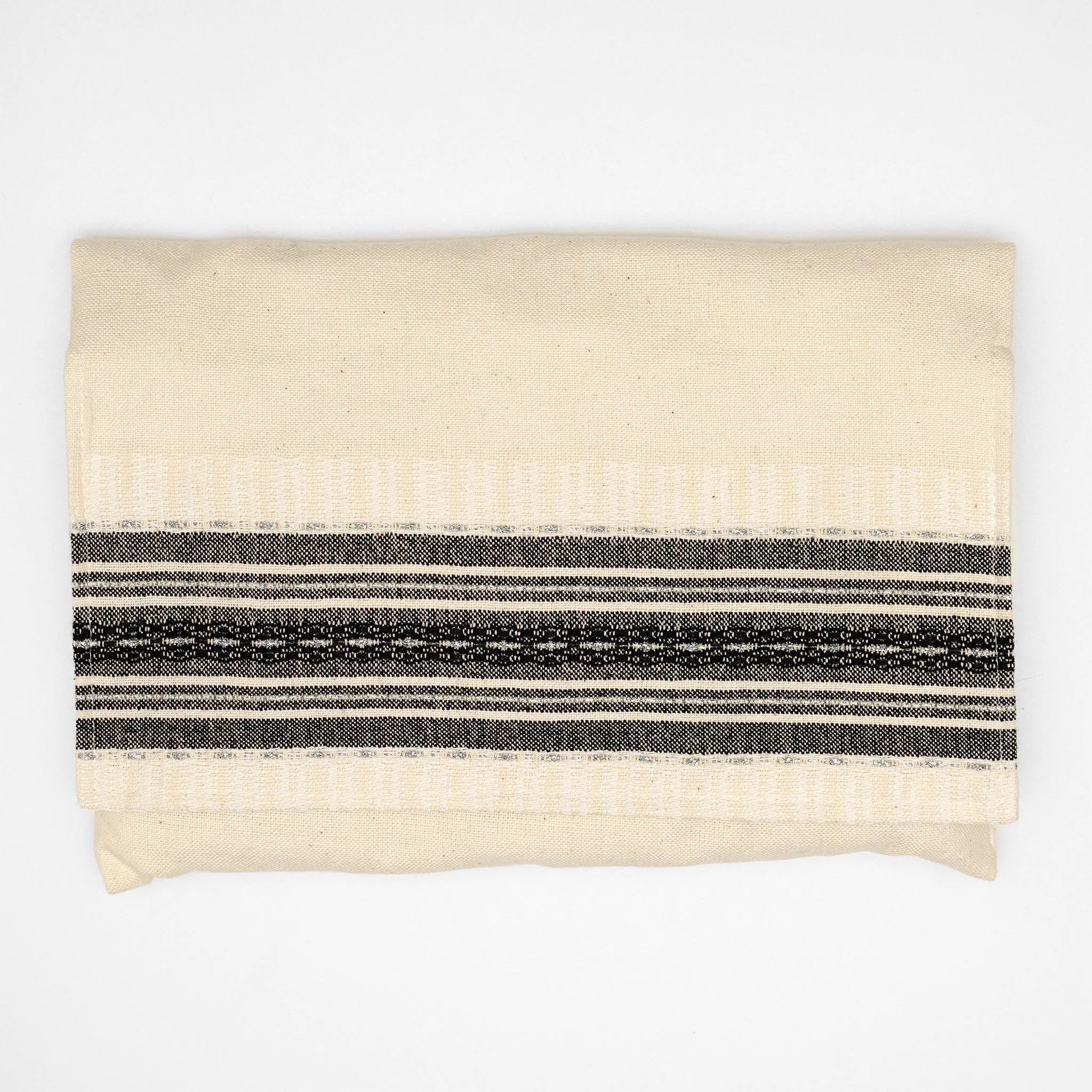 Elia - Cotton Tallit - Black with Silver on Off-White