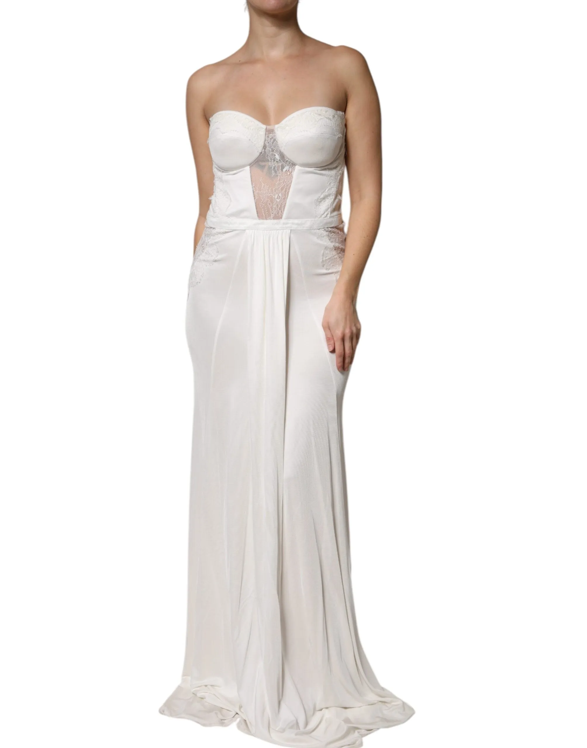ELISABETTA FRANCHI Women White Mermaid Dress Nylon Strapless Bustier Gown IT 46