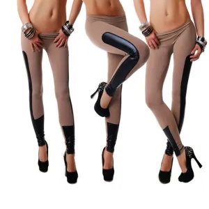Fashion Women Leggings Leather Patchwork PU Leggings Pants Elastic Stretch Fitness Women Pants Sweatpants for Women