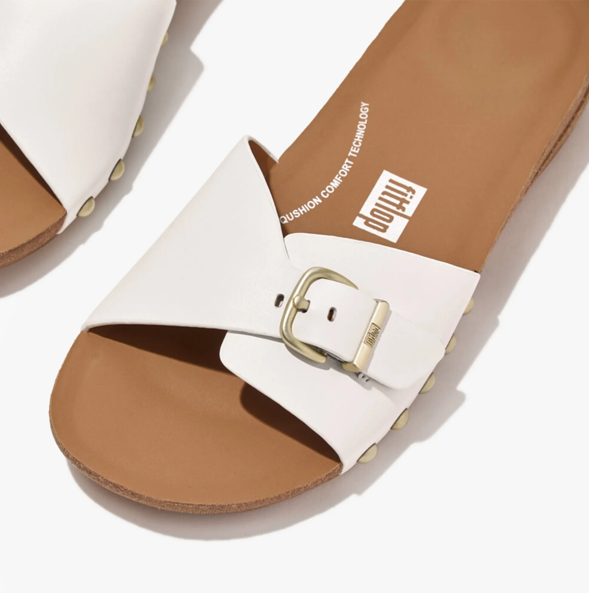 FitFlop iQUSHION ADJUSTABLE BUCKLE LEATHER Womens Slides Urban White