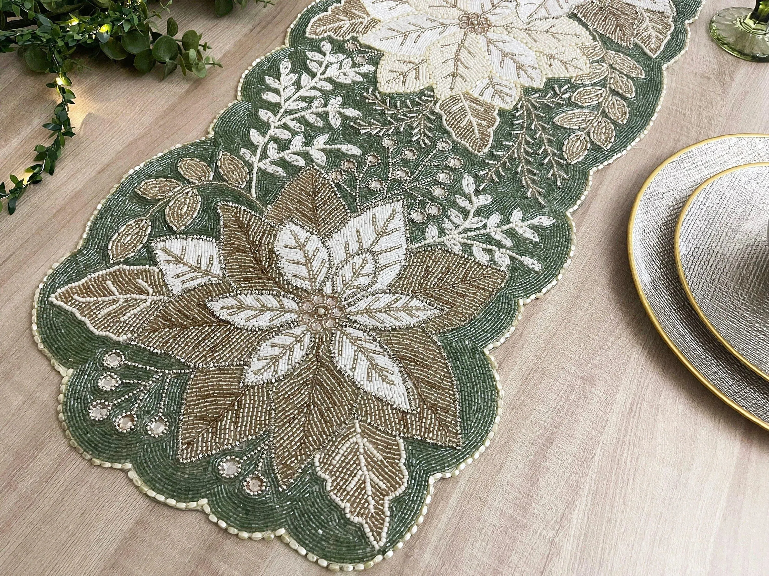Floral Leafy Beaded Table Runner - Poinsettia