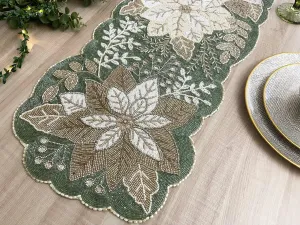 Floral Leafy Beaded Table Runner - Poinsettia