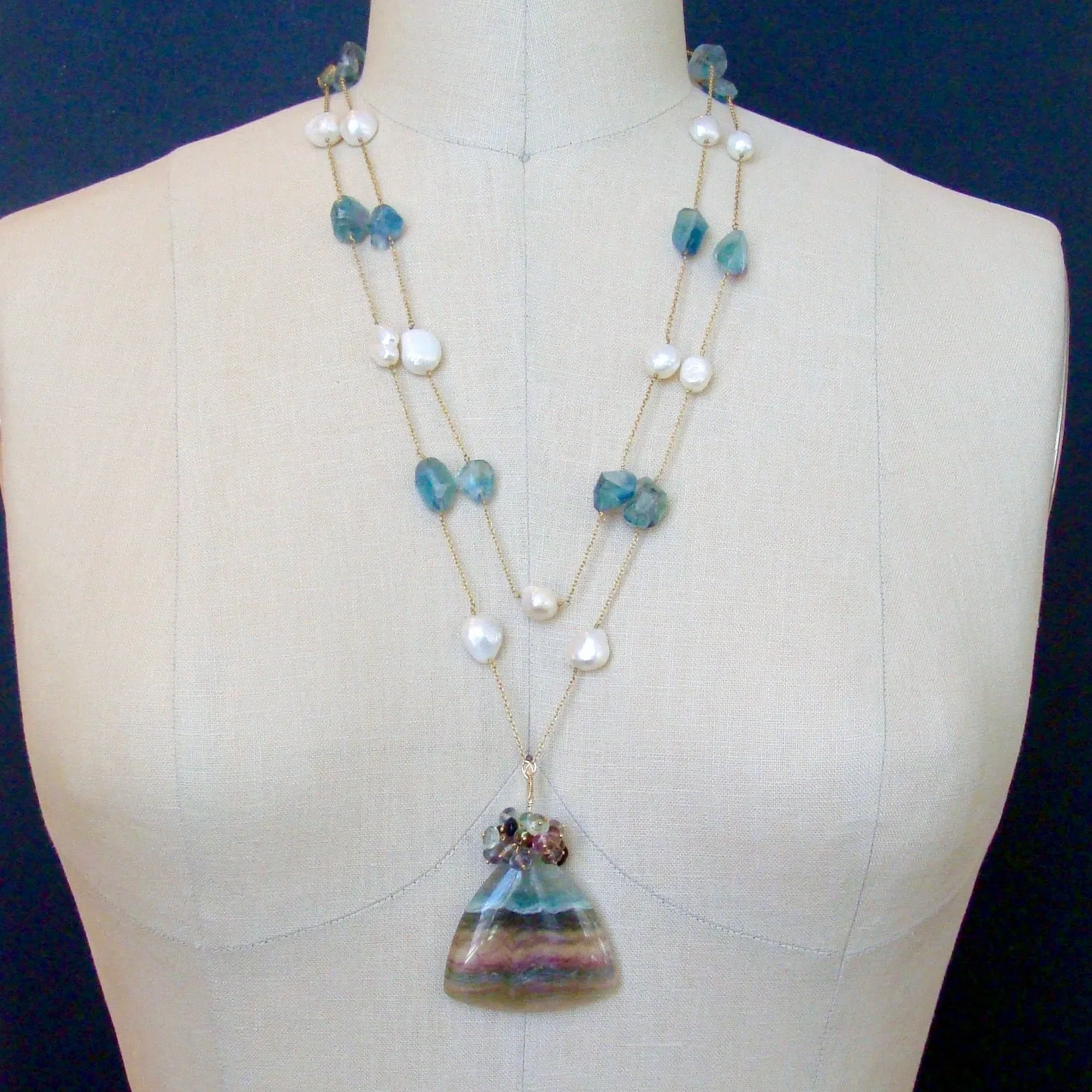 Fluorite Pearl Double Layering Necklace Set - Celestina Necklace Set