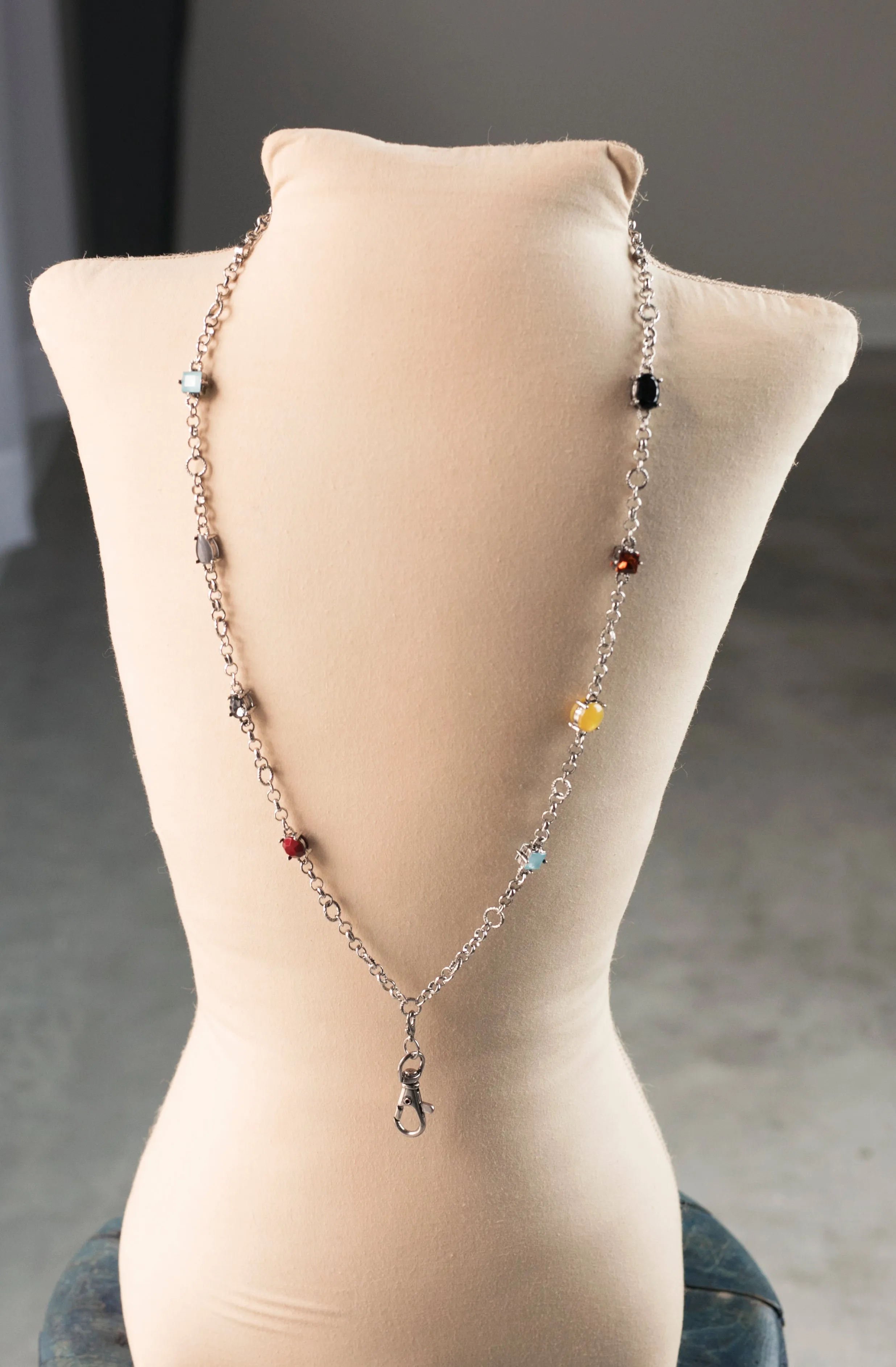 Georgia Multi-Colored Crystal Station Statement Lanyard Necklace (Silver)