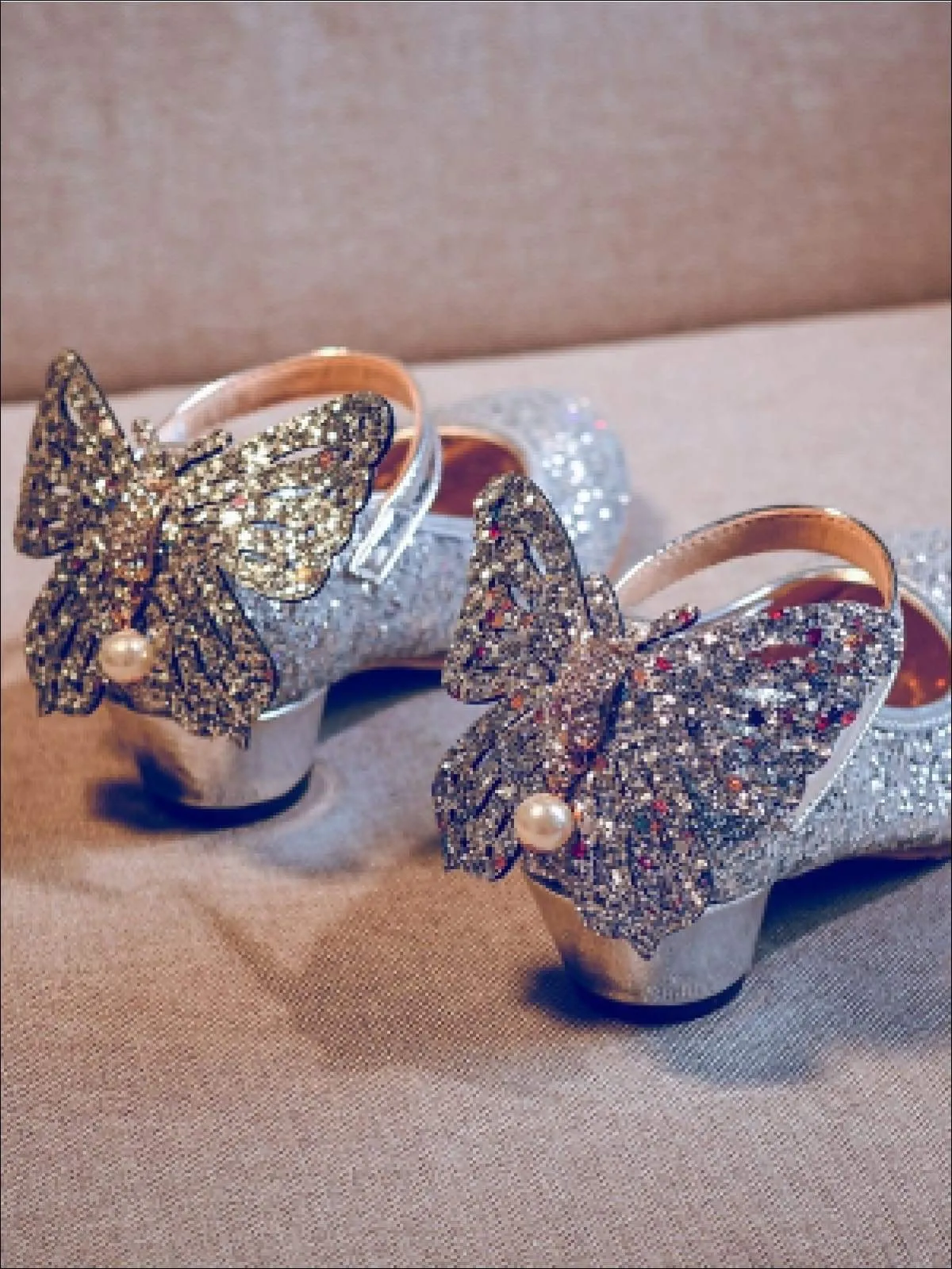 Girls Glitter Butterfly Mary Jane Kitten Heel Shoes By Liv and Mia