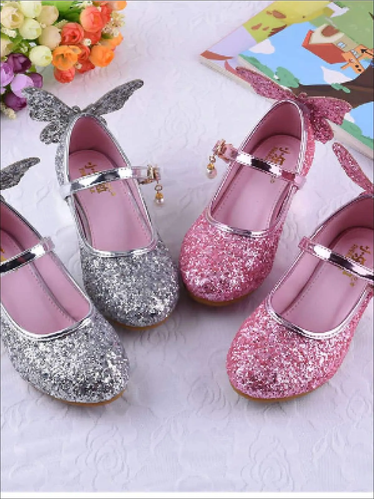 Girls Glitter Butterfly Mary Jane Kitten Heel Shoes By Liv and Mia