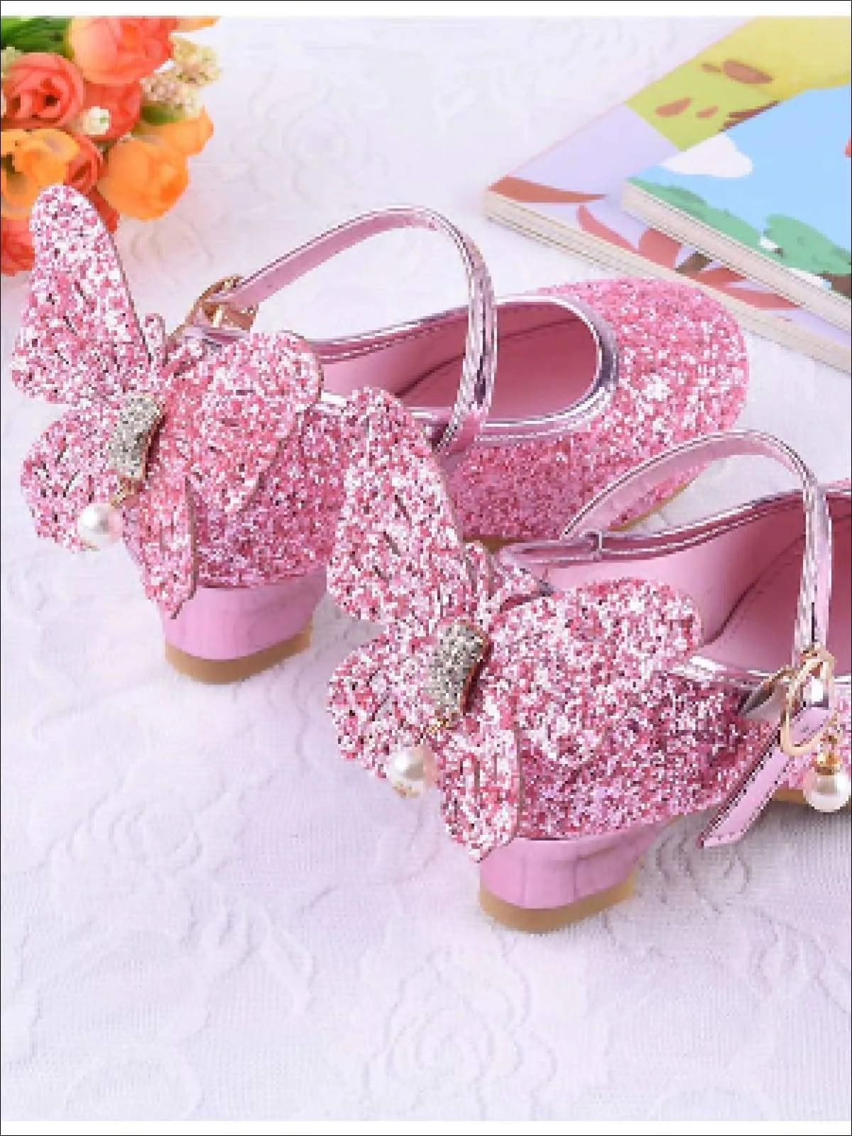 Girls Glitter Butterfly Mary Jane Kitten Heel Shoes By Liv and Mia