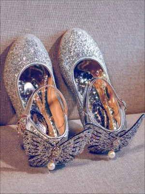 Girls Glitter Butterfly Mary Jane Kitten Heel Shoes By Liv and Mia