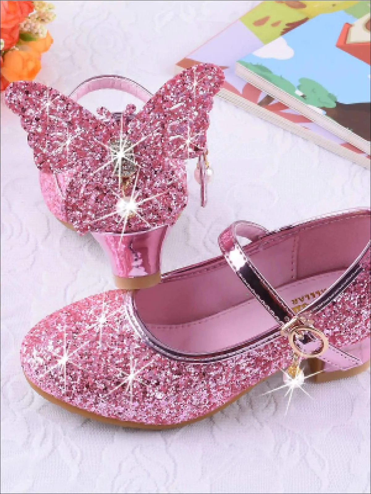 Girls Glitter Butterfly Mary Jane Kitten Heel Shoes By Liv and Mia