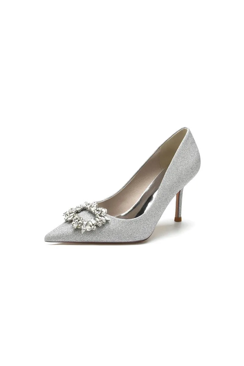 Glitter Pointed Toe Stiletto Heels With Rhinestone
