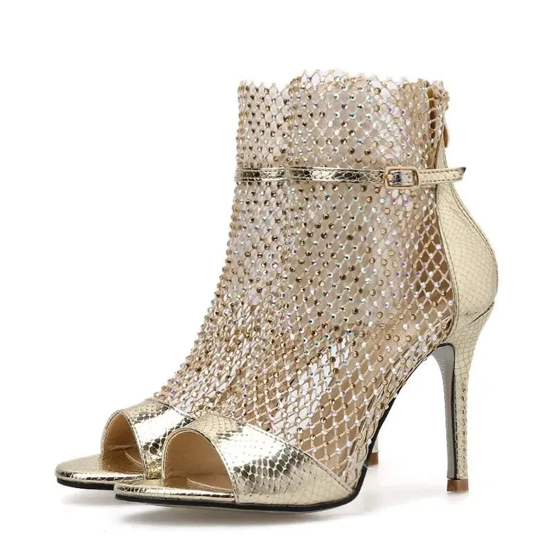 Gold Glitter Rhinestone Mesh Ankle Sandals Boots High Heels Sexy Booties Peep-toe Pumps Lady Party Shoes